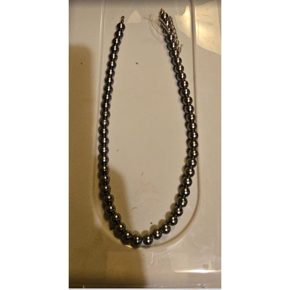 Vintage Estate Shiny Dark Grey Metal Ball Beaded Necklace 16" Long